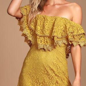 Lulus Jaclyn Golden Yellow Lace Off-the-shoulder Midi Dress - Size S